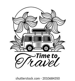 Travel typographic banner with inspirational quote It s time to travel , sun, sea waves, ocean on white background in blue colors. Vector hand drawn template with phrase for vacation design.