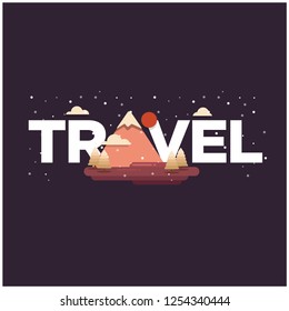 Travel Typography with Hills Mountains With Trees Clouds and Sun Vector Flat Illustration