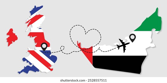 Travel to UAE by airplane from Great Britain concept. I love UAE vector illustration