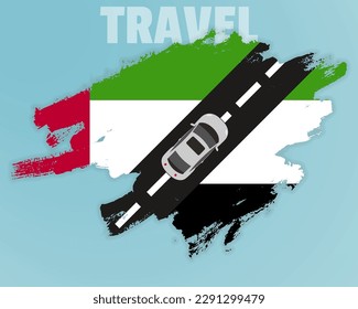 Travel to UAE by car, going holiday idea, vacation and travel banner concept, car on the road with UAE flag, international car travel, automobile going on a way, top view