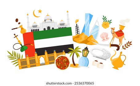 Travel to UAE, culture elements and famous landmarks, food in infographic collage banner. United Arab Emirates flag and palm tree of oasis, mosque of Dubai and camel cartoon vector illustration