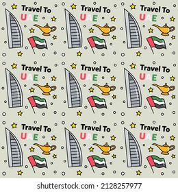 Travel to UAE doodle seamless pattern vector design. Map, flag, tree, building, are icons identic with UAE