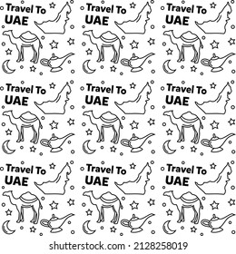 Travel to UAE doodle seamless pattern vector design. Map, flag, tree, building, are icons identic with UAE