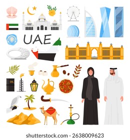 Travel to UAE set. Muslim people and heritage architecture, culture elements and food, Sheikh Zayed Grand Mosque and hotel sail, Pointe shopping mall, khanjar and hookah cartoon vector illustration