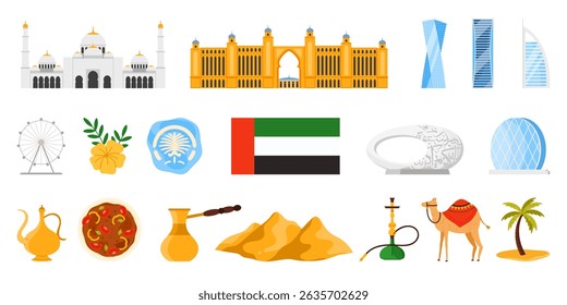 Travel to UAE set of traditional culture and nature elements, landmarks. UAE flag, coffee cezve and sand dunes, Museum of Future and Sheikh Zayed Grand Mosque, khanjar cartoon vector illustration