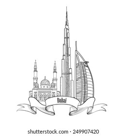 Travel UAE symbol. Dubai city label. 