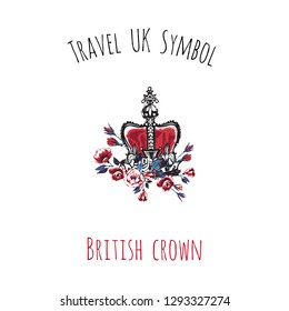 Travel UK Symbol: British crown. Symbol of London - capital of Great Britain. Hand drawn card with digital watercolor sketch on white background.