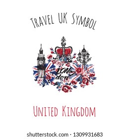Travel UK Symbol: United Kingdom. Symbol of London - capital of Great Britain. Hand drawn card with digital watercolor sketch on white background.