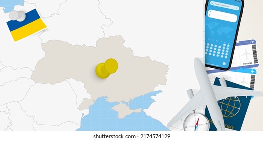 Travel to Ukraine concept, map with pin on map of Ukraine. Vacation preparation map, flag, passport and tickets. Vector illustration in flat design.