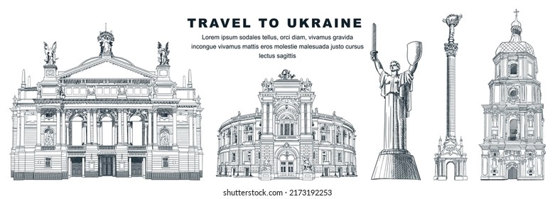 Reisen Sie in die Ukraine handgezeichnete Wahrzeichen Design Elemente. Vektorgrafik-Illustration des Monuments der Unabhängigkeit, des Mutterlandes, der Sophia-Kathedrale, des Lwiw und des Odess-Theaters. Berühmte Symbole auf weißem Hintergrund