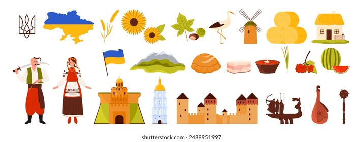 Viaje a Ucrania, Lugar famoso del patrimonio y símbolo de la cultura nacional. Hombre y mujer ucranianos en trajes étnicos y corona de flores, borsch y mapa del país, Ilustración vectorial de la caricatura de la bandera