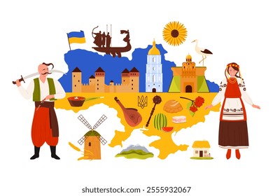 Travel to Ukraine, infographic map presentation with Cossack and cute Ukrainian woman in flower wreath, elements of culture and landmarks of Kyiv, bandura and borsch cartoon vector illustration