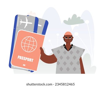 Travel of Undertaking. Man with Passport and See at Tickets.