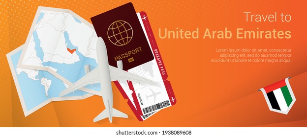 Reisen Sie in die Vereinigten Arabischen Emirate Pop-under-Banner. Reisebanner mit Pass, Tickets, Flugzeug, Bordkarte, Karte und Flagge der Vereinigten Arabischen Emirate. Vektorvorlage.