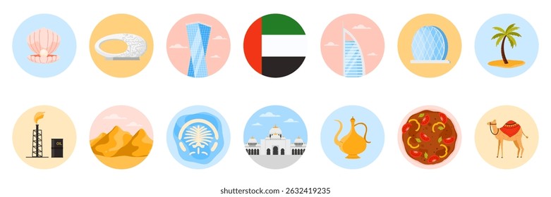 Travel to United Arab Emirates set of round stickers with UAE culture elements, landmarks and food. Modern and old buildings, mosque of Dubai, oil and desert camel cartoon vector illustration