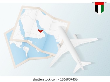 Travel to United Arab Emirates, top view airplane with map and flag of United Arab Emirates. Travel and tourism banner design.