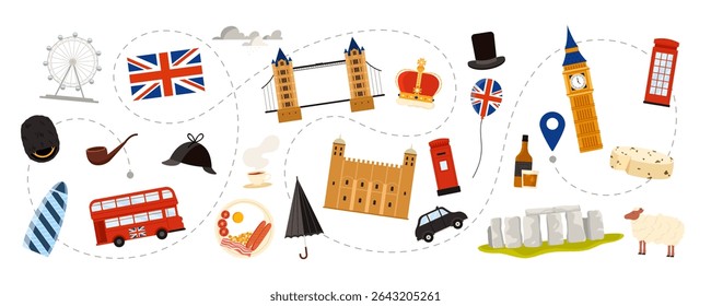 Travel to United Kingdom, culture elements and landmark, nature on tourist route. London Eye and Tower Bridge, red phone booth and English Breakfast, Bearskin hat, crown cartoon vector illustration