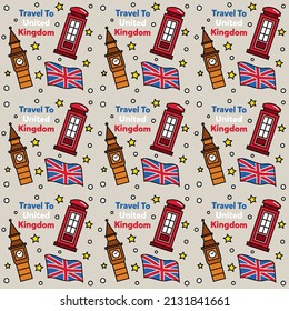 Travel To United Kingdom Doodle Seamless Pattern Vector Design. Bus, Map And Flag Are Identic Icons With UK