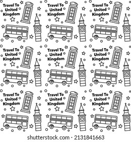 Travel to United Kingdom doodle seamless pattern vector design. Bus, Map and Flag are identic icons with UK