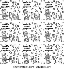 Travel to United Kingdom doodle seamless pattern vector design. Bus, Map and Flag are identic icons with UK