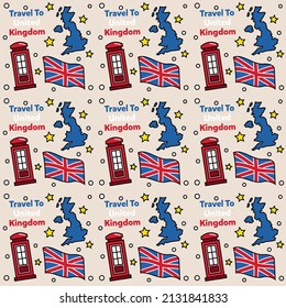 Travel to United Kingdom doodle seamless pattern vector design. Bus, Map and Flag are identic icons with UK