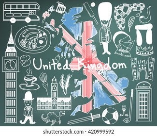 Travel to United kingdom England and Scotland doodle drawing icon with culture, costume, landmark and cuisine tourism concept in blackboard background. Vector  
