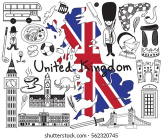 Travel to United kingdom England and Scotland doodle drawing icon with culture, costume, landmark and cuisine tourism concept in isolated background, create by vector  
