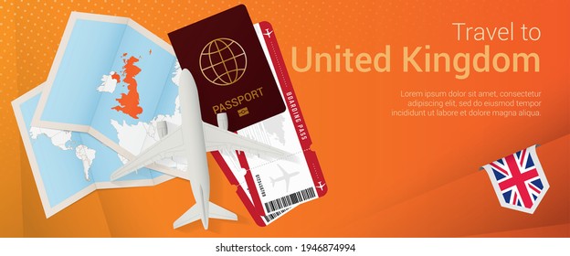 Travel to United Kingdom pop-under banner. Trip banner with passport, tickets, airplane, boarding pass, map and flag of United Kingdom. Vector template.
