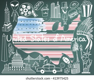 Travel to United state of America doodle drawing icon with culture, costume, landmark and cuisine tourism concept in blackboard background, create by vector  
