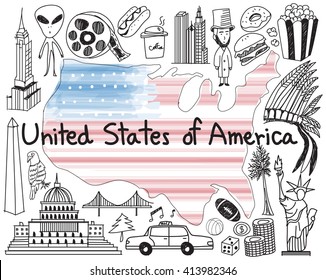 Travel to United state of America doodle drawing icon with culture, costume, landmark and cuisine tourism concept in isolated background, create by vector  
