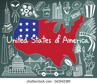 Travel to United state of America doodle drawing icon with culture, costume, landmark and cuisine tourism concept in blackboard background, create by vector  
