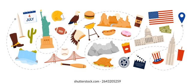 Travel to United States of America, American culture elements and famous landmarks, food on tour to USA. Statue of Liberty, Golden Gate Bridge, Capitol and Mount Rushmore cartoon vector illustration