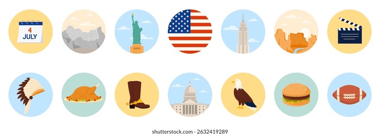 Travel to United States of America set of round stickers with American culture elements, landmarks and food. Mount Rushmore and Statue of Liberty, burger and cowboy boot cartoon vector illustration