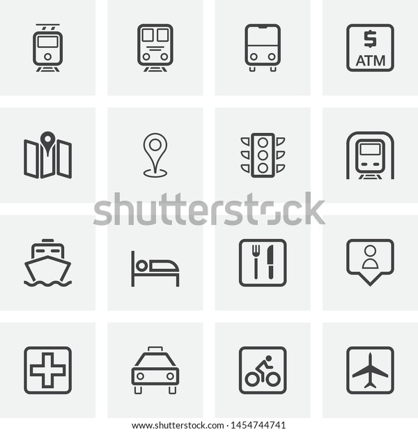 Travel universal line icons set. linear style symbols\
collection, outline signs pack. vector graphics. Set includes icons\
as train, plane, transportation, taxi car, cruise ship, hotel,\
hospital, map
