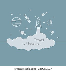 Travel the universe - vector illustration in line style. Rocket or spaceship in space, galaxy. Planet, meteorite and shuttle. Exploration concept 