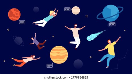 Travel In Universe. Virtual Reality Glasses Entertainment, Astronomy Augmented Reality Game. Zero Gravity People Flying In Space With Planets