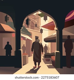 Travel to unusual places, oriental bazaar, walk in morocco, vector illustration