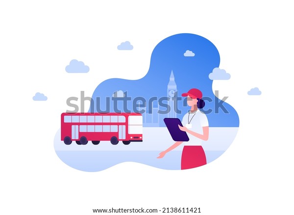 Travel and urban tourism concept. Vector flat\
people illustration. Female guide character and red tour bus on\
abstract city with famous place\
background.