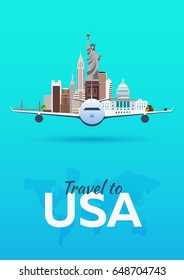 Travel to USA. Airplane with Attractions. Travel vector banners. Flat style