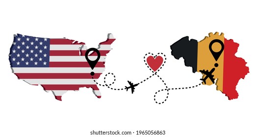 Travel from Usa to Belgium by passenger plane. Airplane route. Freedom to travel. I love traveling by plane.