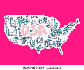 Travel to USA cartoon map. United States illustration with all main cities and tourist attractions made in vector.