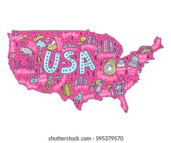 Travel to USA cartoon map. United States illustration with all main cities and tourist attractions made in vector.