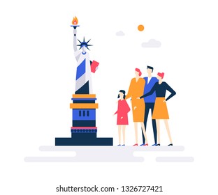 Travel To The USA - Colorful Flat Design Style Illustration On White Background. Bright Unusual Composition With Family, Parents And Children Watching Statue Of Liberty. Vacation And Tourism Concept