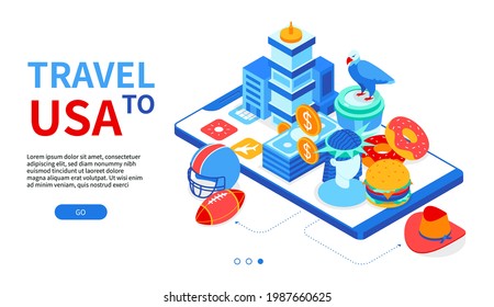 Travel to the USA - colorful isometric web banner with copy space for text. American culture and traditions. Football, donuts and coffee, cowboy hat, dollars, bald eagle, bank on smartphone screen