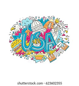 Travel to USA concept. Vector illustration with symbols of United States of America. 