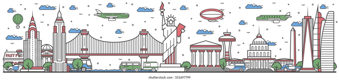 Travel USA landmark banner vector illustration. World tour in USA travel concept with famous modern and ancient architectural attractions. Must see USA landmark panorama, tourist travel design poster
