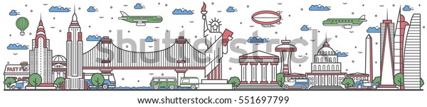 Travel USA landmark banner vector illustration.\
World tour in USA travel concept with famous modern and ancient\
architectural attractions. Must see USA landmark panorama, tourist\
travel design poster