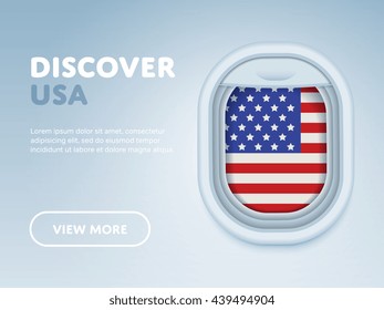 Travel to USA. National american flag in airplane porthole realistic vector design template. USA aircraft travel advertising banner. Aircraft trip and country discover. Flight traveling illustration
