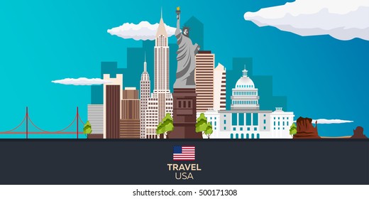 Travel To USA, New York Poster. Statue Of Liberty. Vector Illustration