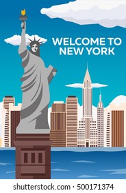 Travel to USA, New York Poster. Welcome to New York. Statue of Liberty. Vector illustration